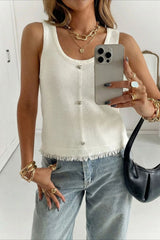 White Waffle Knit Raw Edge Cropped Tank Top