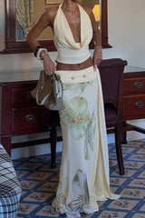 Elegant Halter Wrap Back Mesh Floral Slit Maxi Skirt Set