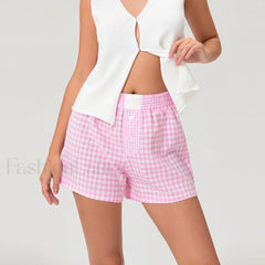 Casual Plaid Button Contrast Color Elastic Waist Summer Short