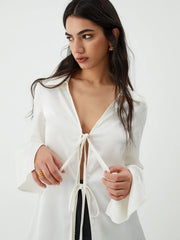 Tie Up V-Neck Trendy Long Sleeve Blouse