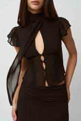 Button Hollow Out Tie Detail Waist Slim Tee