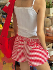 Striped Lounge Lace Trim Drawstring Casual Sleep Short