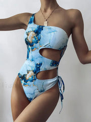 Marble Print One Shoulder Cut Out One Piece