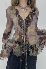 Vintage Tie Dye Ruffle Lace Up Mesh Flare Sleeve Blouse