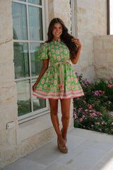 Janie Floral Belted Mini Dress-Green Multi