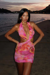 Hollow Print Halter Beach Vacation Floral Dress