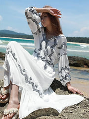 White Retro V-Neck Boho Dress