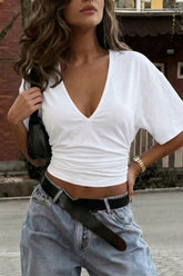 Deep V Neck Ruched Bodycon Cropped Short Sleeve Tee