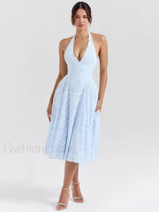 Deep V Halter Pleated Midi Dress