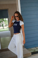 "USA" Color Block Baby Tee-Navy/White