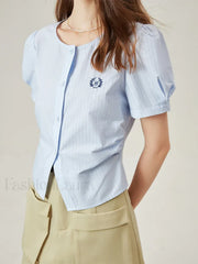 Light Blue Striped Casual Cotton T-Shirt