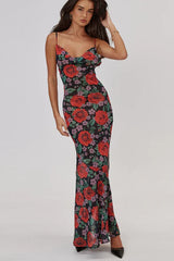 V Neck Printed Strap Slim Maxi Floral Dress