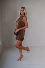 Scalloped Lace Hem Sleeveless Mini Shift Dress-Brown
