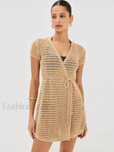 Solid Color Knit Hollow Out Short Sleeve Wrap Cover Up