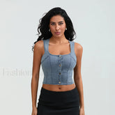 Denim Button Square Crop Top
