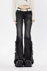 Black Low Rise Frayed Hem Long Flare Jeans