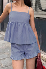 Blue White Plaid Spaghetti Strap Shorts Set
