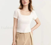 Slim Elegant Square Collar Cotton T-Shirt