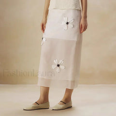 Floral Organza Back Slit Cotton Skirt