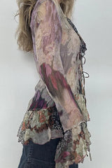 Vintage Tie Dye Ruffle Lace Up Mesh Flare Sleeve Blouse
