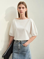 Slash Neck Lantern Sleeve T-Shirt