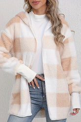Plaid Fuzzy Hooded Mid-Length Coat