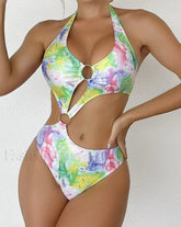 Print Tied Halter Hollow One Piece