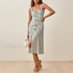 Square Bow Slit Floral Dress