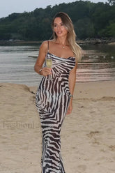 Zebra Print Backless Strappy Slim Floral Dress