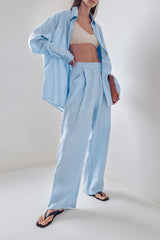 Relaxed Linen Blend Blouse Wide Leg Two Piece Pants Set