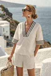 Casual Colorblock Striped V Neck Knit Shorts Set