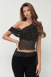 Polka Dot One Shoulder Sheer Chiffon Crop Top