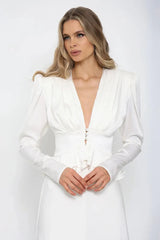 Deep V Neck Waist Cinched Ruffle Hem Shoulder Pad Blouse