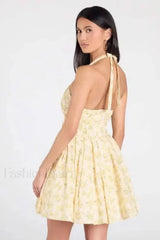 Spice Girl Deep V-Neck Backless Pleated Printed A-Line Mini Dress