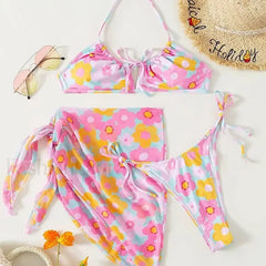Printed Lace-Up Halter Three Piece Set