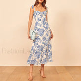 Blue Floral Tie-Strap Midi Dress