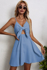 Cotton Linen Bow Strap Casual Strappy Mini Dress