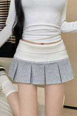 Lace Trimmed Color Block Pleated A-Line Skirt