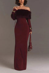Fur Collar Off Shoulder Bodycon Dress
