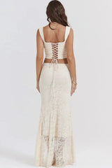 Elegant Lace-Up Crop Top & Maxi Skirt Boho Dress