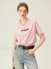 Cotton Round Neck Shoulder Embroidered Pink T-Shirt