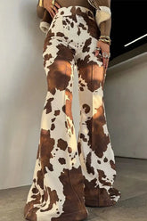 Brown Cow Print High Waist Long Flared Pants