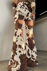 Brown Cow Print High Waist Long Flared Pants