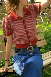 Thin Knit Turn-down Collar Short Sleeve Cardigan