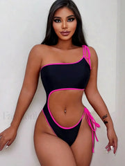 Black Single Shoulder Lace-Up One Piece