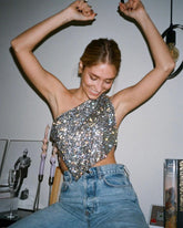 Metallic Mesh Rhinestone Off Shoulder Crop Top