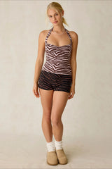 Zebra Print Backless Slim Fit Halter Top