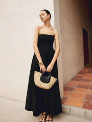 Cotton & Linen Trendy Pleat Strapless Long Dress
