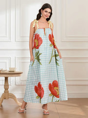 Plaid Flower Loose Tank Maxi Dress