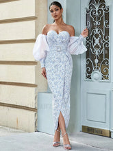 Jacquard Split Blue Maxi Dress